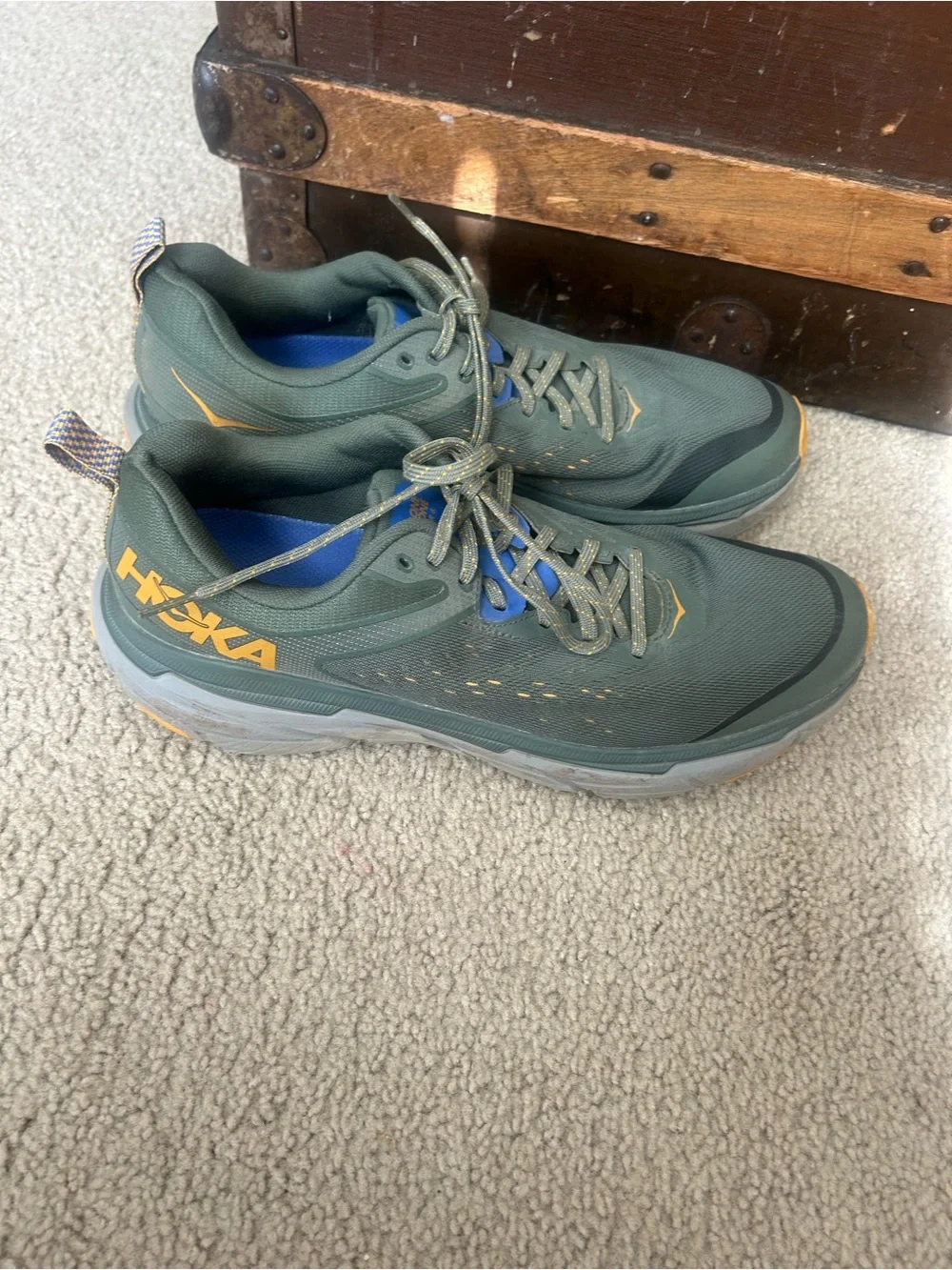 Hoka Men's Trail Runners in Olive Green with Yellow Accents